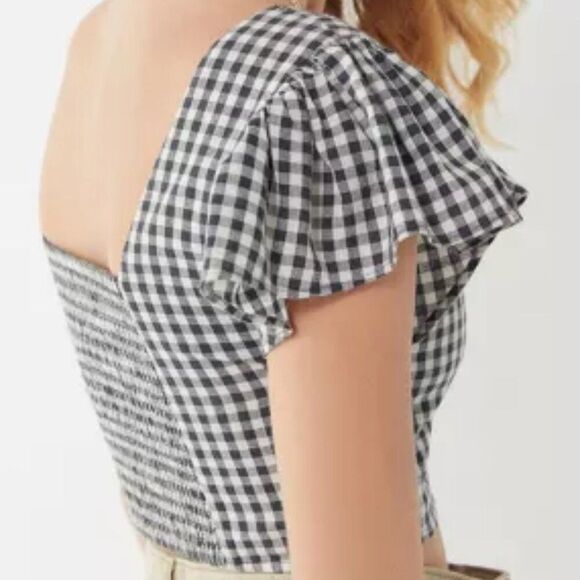 URBAN OUTFITTERS Rita Gingham Flutter Sleeve Button Cropped Top Womens Large - Picture 5 of 14